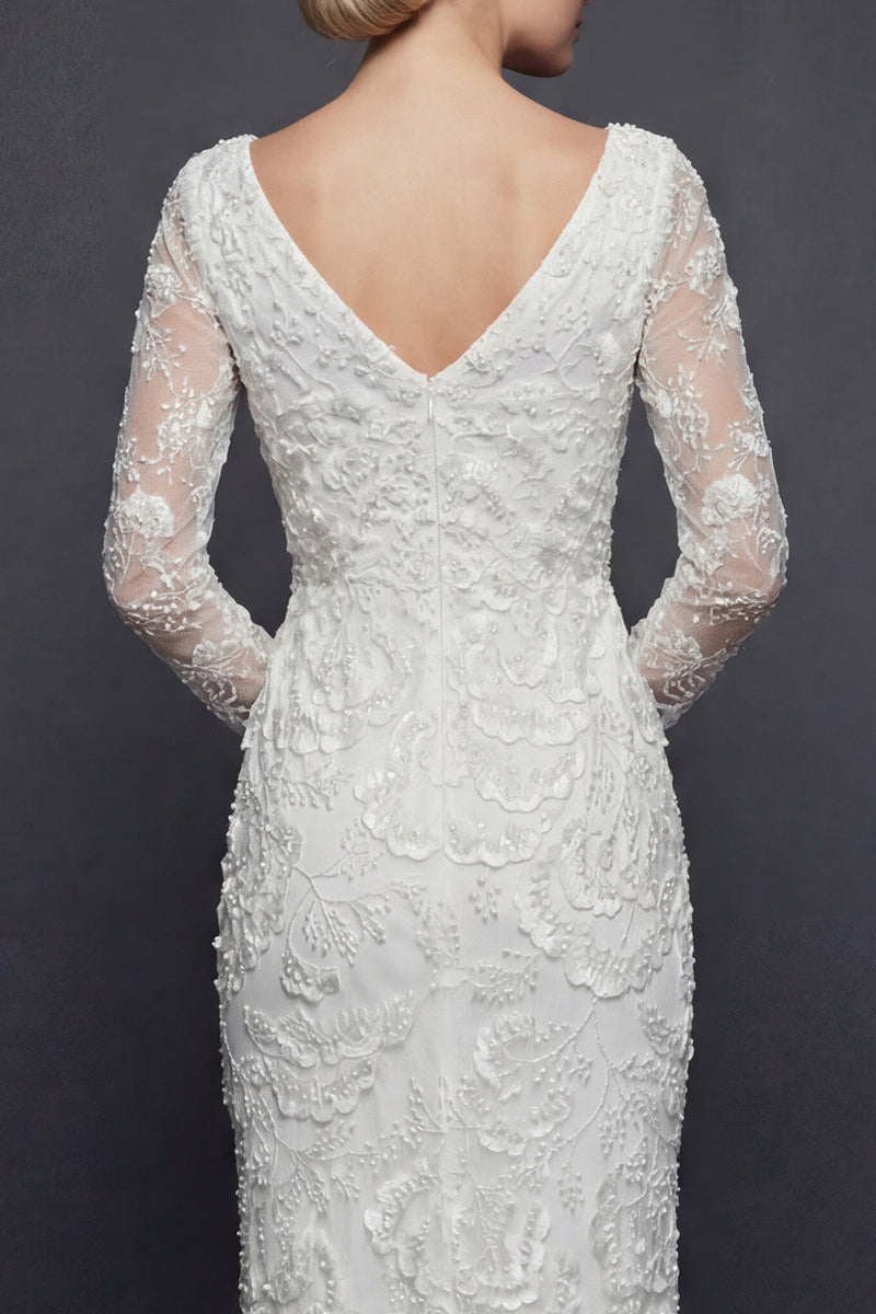 Load image into Gallery viewer, Sparkly White V-Neck Beaded Mermaid Appliqued Maxi Floral Boho Wedding Dress