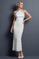 Load image into Gallery viewer, Sparkly White Halter Maxi Mermaid Ruffled Appliqued Boho Wedding Dress