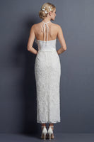 Load image into Gallery viewer, Sparkly White Halter Maxi Mermaid Ruffled Appliqued Boho Wedding Dress