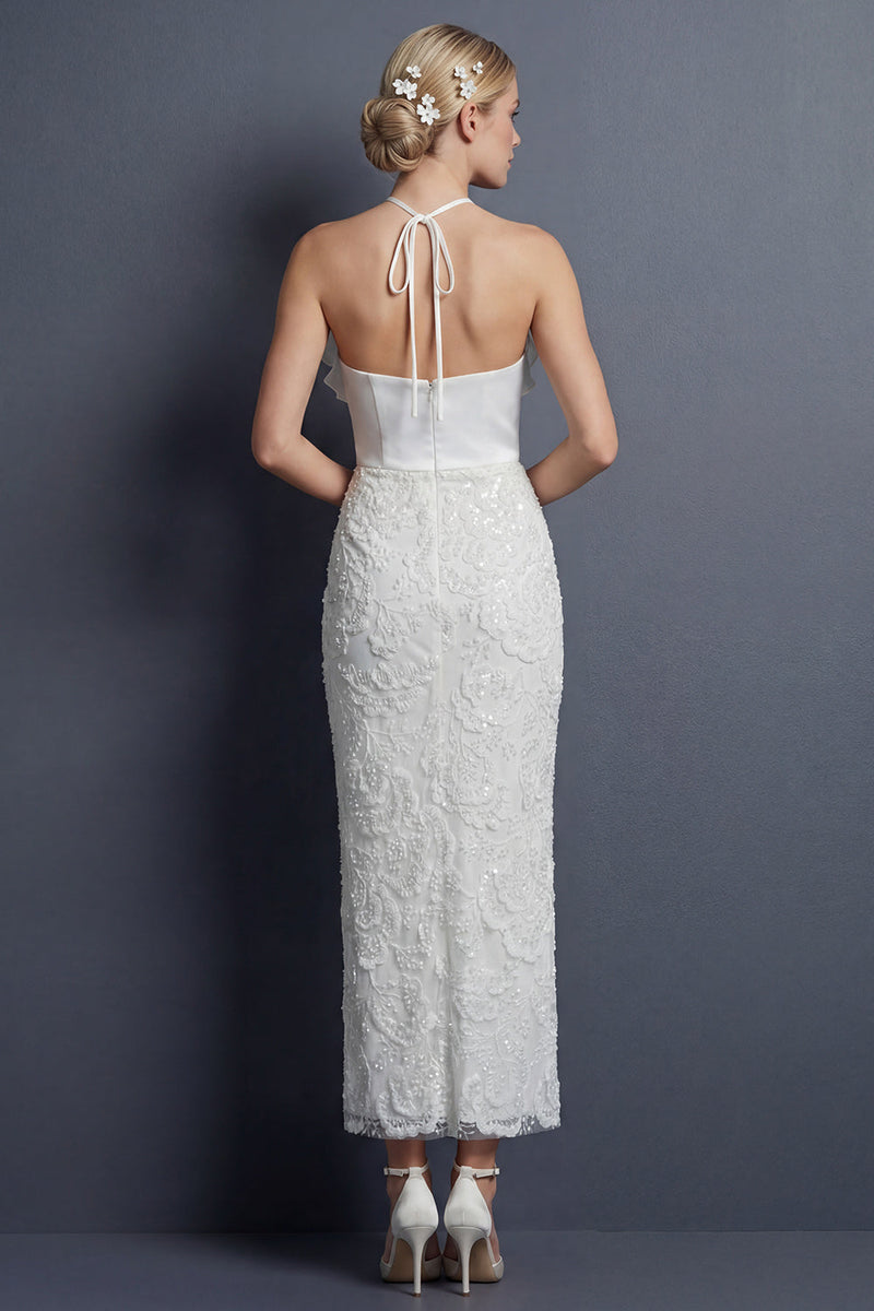 Load image into Gallery viewer, Sparkly White Halter Maxi Mermaid Ruffled Appliqued Boho Wedding Dress
