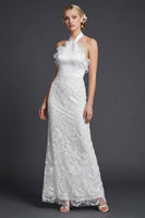 Load image into Gallery viewer, Sparkly White Halter Appliqued Sheath Ruffled Boho Wedding Dress