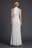 Load image into Gallery viewer, Sparkly White Halter Appliqued Sheath Ruffled Boho Wedding Dress