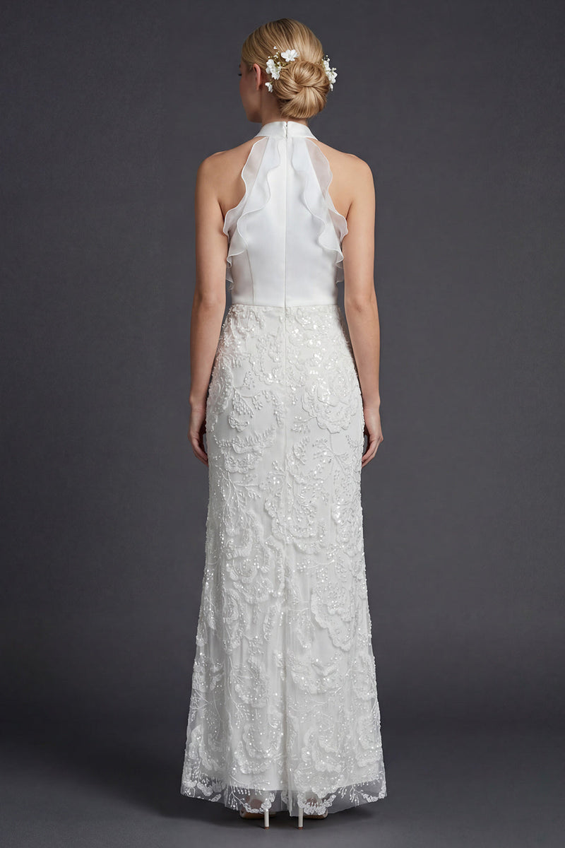 Load image into Gallery viewer, Sparkly White Halter Appliqued Sheath Ruffled Boho Wedding Dress