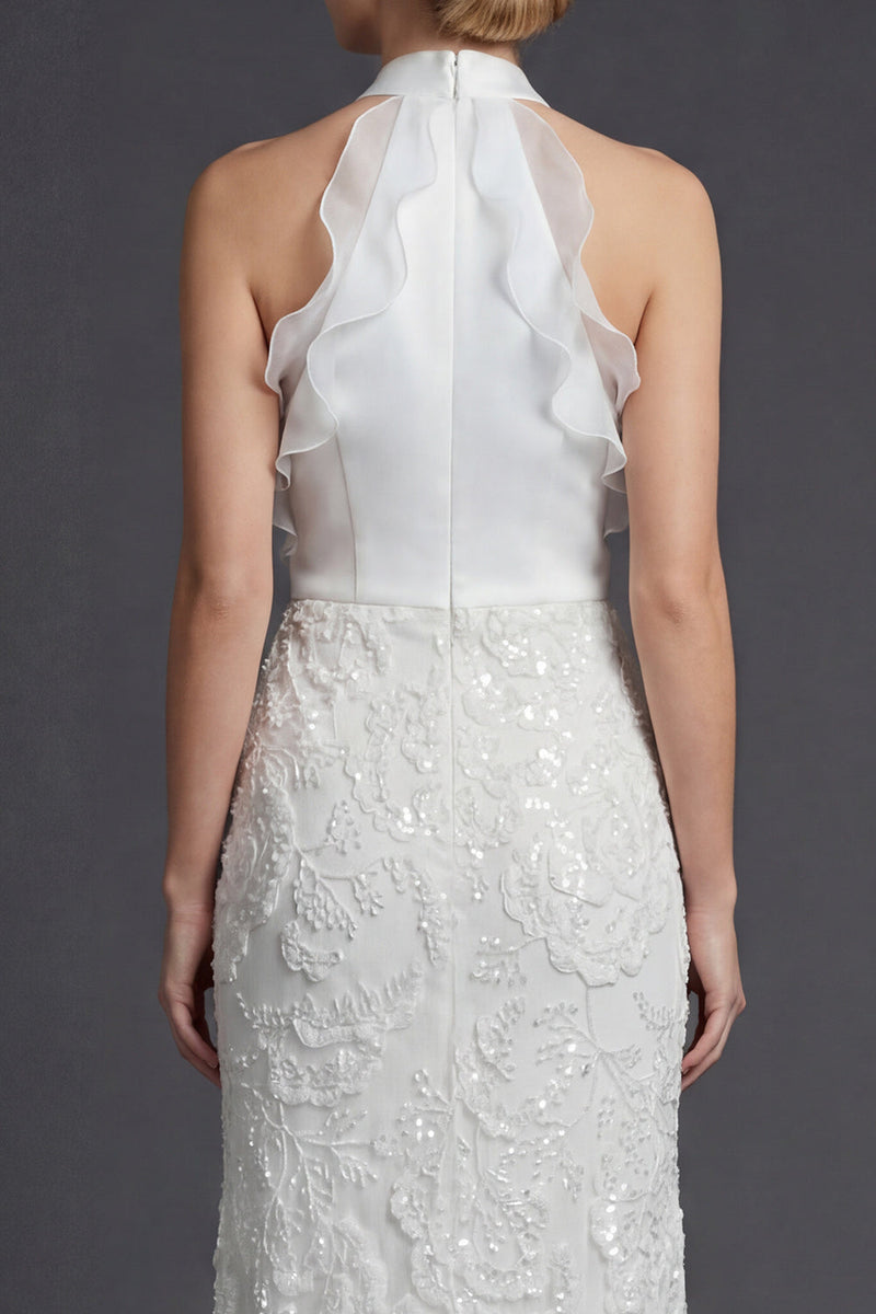 Load image into Gallery viewer, Sparkly White Halter Appliqued Sheath Ruffled Boho Wedding Dress