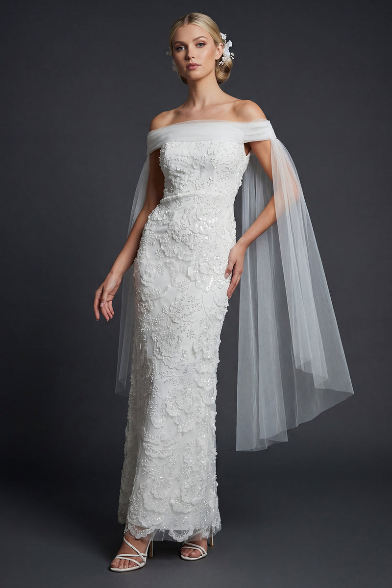 Load image into Gallery viewer, Sparkly White Off the Shoulder Mermaid Beaded Maxi Floral Boho Wedding Dress