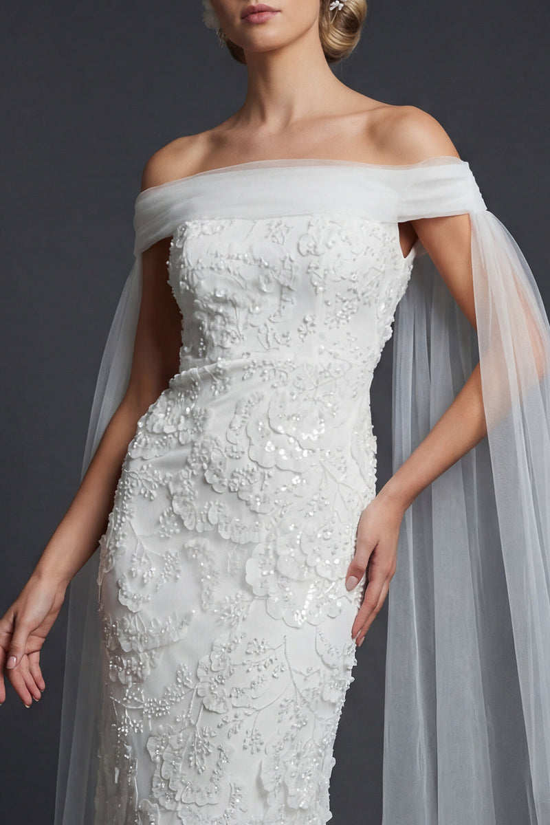 Load image into Gallery viewer, Sparkly White Off the Shoulder Mermaid Beaded Maxi Floral Boho Wedding Dress