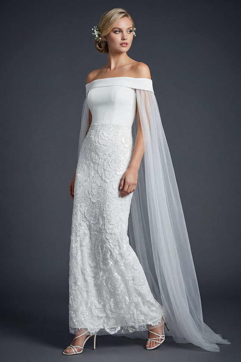 Load image into Gallery viewer, White Off the Shoulder Sparkly Mermaid Beaded Maxi Floral Boho Wedding Dress with Cape