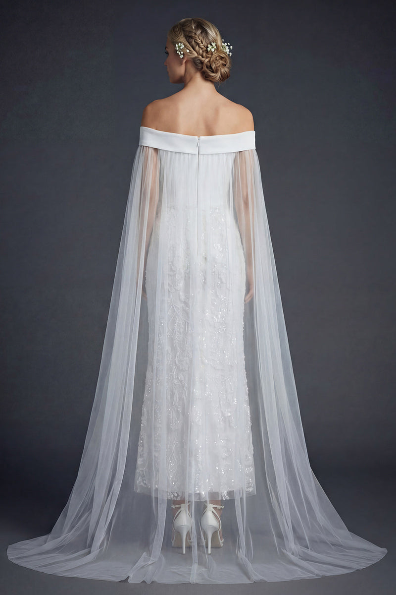 Load image into Gallery viewer, White Off the Shoulder Sparkly Mermaid Beaded Maxi Floral Boho Wedding Dress with Cape
