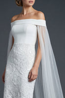 Load image into Gallery viewer, White Off the Shoulder Sparkly Mermaid Beaded Maxi Floral Boho Wedding Dress with Cape
