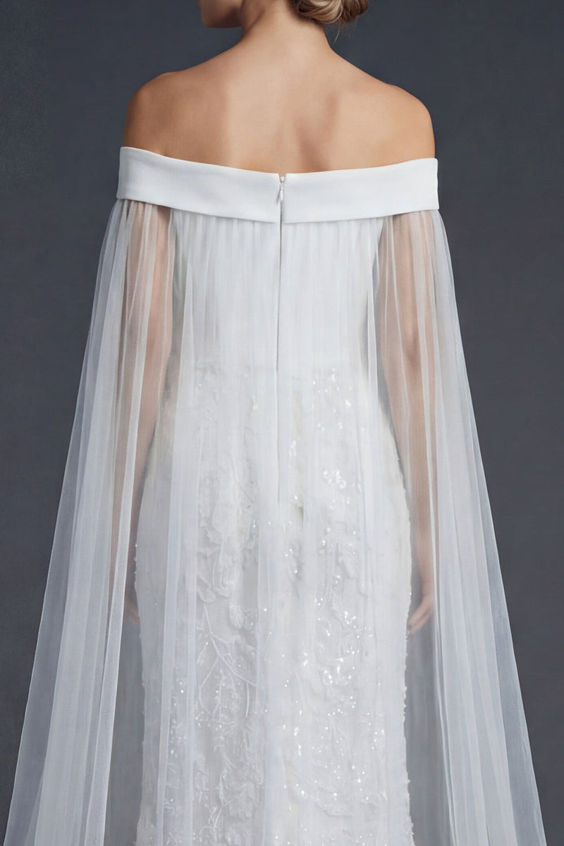 Load image into Gallery viewer, White Off the Shoulder Sparkly Mermaid Beaded Maxi Floral Boho Wedding Dress with Cape
