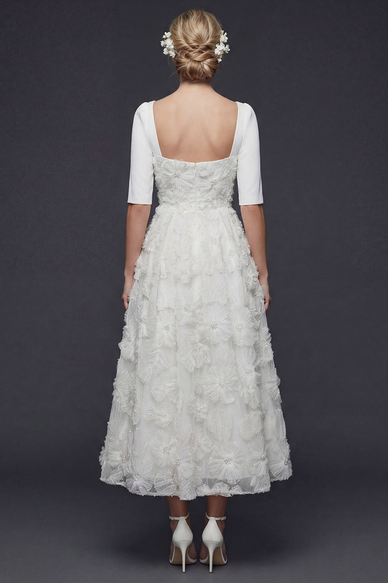 Load image into Gallery viewer, Sparkly White Beaded Floral Maxi A Line Half Sleeves Boho Wedding Dress