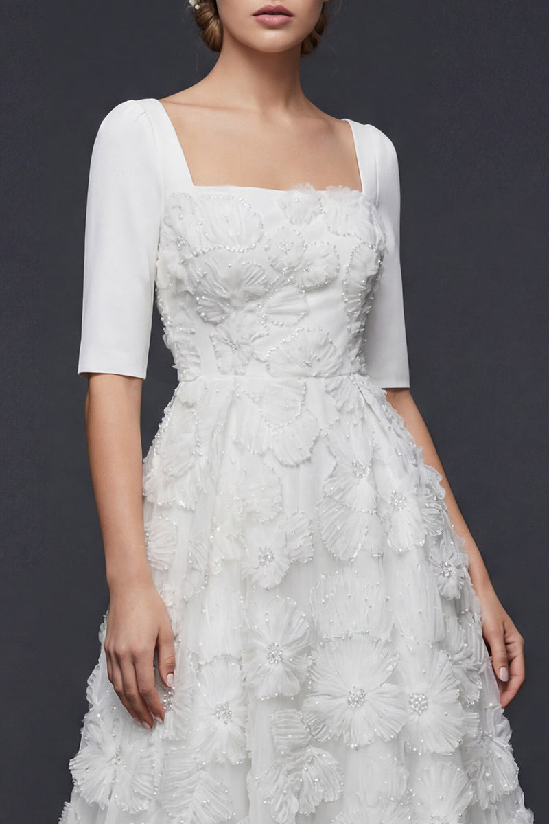 Load image into Gallery viewer, Sparkly White Beaded Floral Maxi A Line Half Sleeves Boho Wedding Dress
