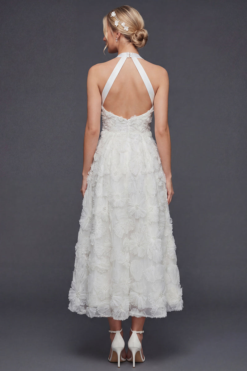 Load image into Gallery viewer, White A Line Halter Floral Maxi Boho Wedding Dress
