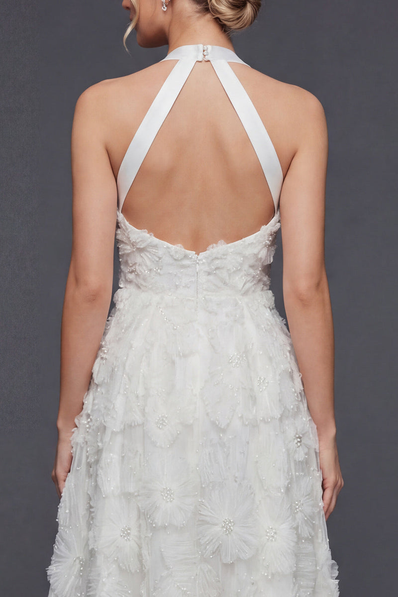 Load image into Gallery viewer, White A Line Halter Floral Maxi Boho Wedding Dress