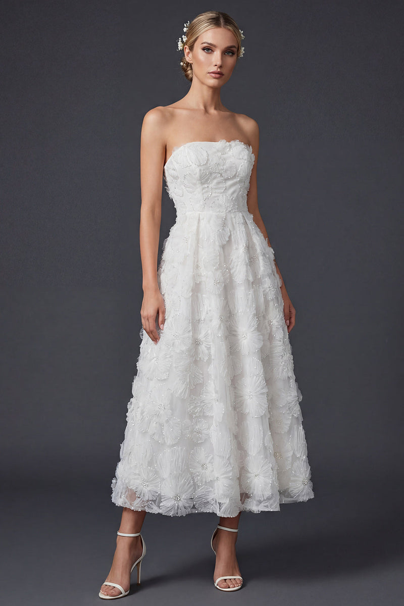 Load image into Gallery viewer, Floral White A Line Strapless Maxi Boho Wedding Dress