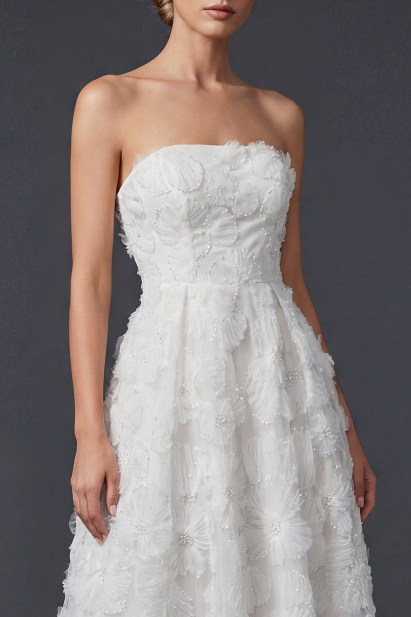 Load image into Gallery viewer, Floral White A Line Strapless Maxi Boho Wedding Dress
