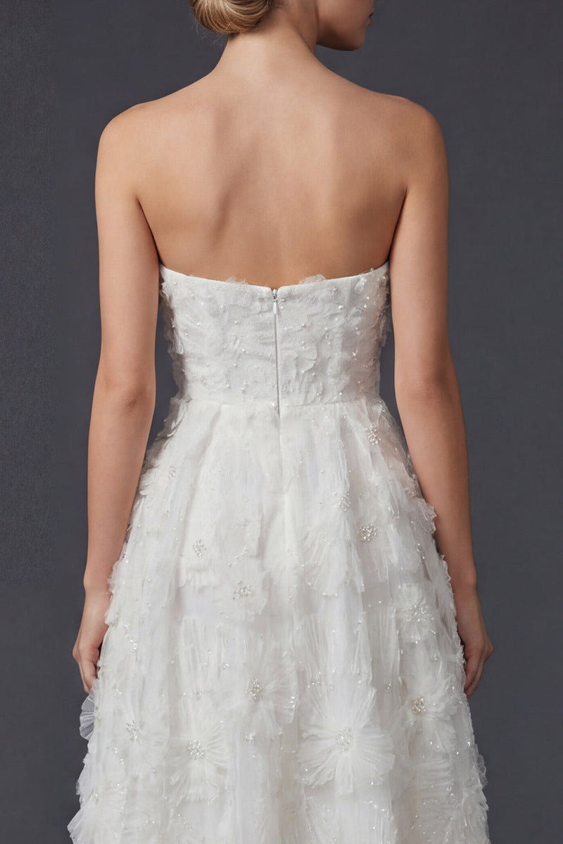 Load image into Gallery viewer, Floral White A Line Strapless Maxi Boho Wedding Dress