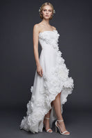 Load image into Gallery viewer, White Strapless High-Low A Line Boho Wedding Dress with 3D Flowers