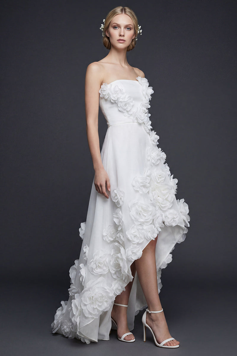 Load image into Gallery viewer, White Strapless High-Low A Line Boho Wedding Dress with 3D Flowers