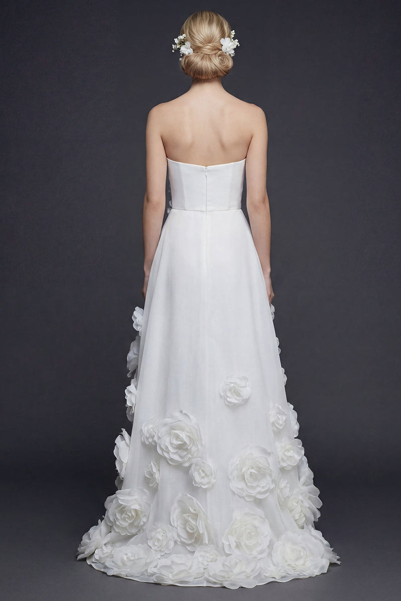 Load image into Gallery viewer, White Strapless High-Low A Line Boho Wedding Dress with 3D Flowers