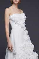 Load image into Gallery viewer, White Strapless High-Low A Line Boho Wedding Dress with 3D Flowers
