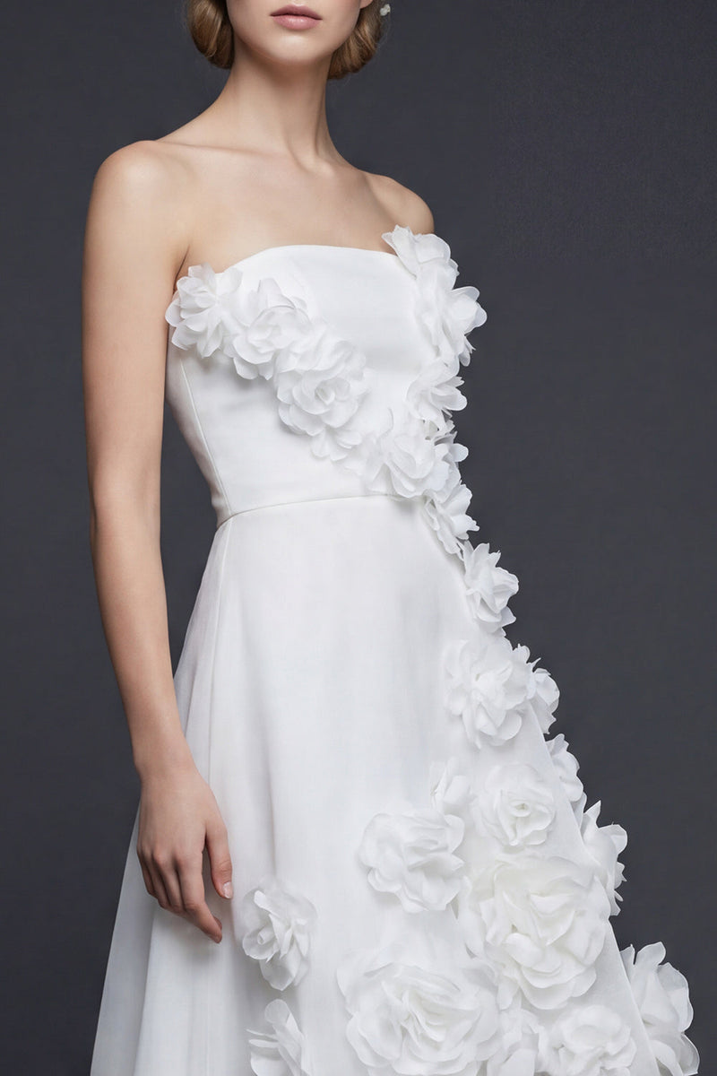 Load image into Gallery viewer, White Strapless High-Low A Line Boho Wedding Dress with 3D Flowers