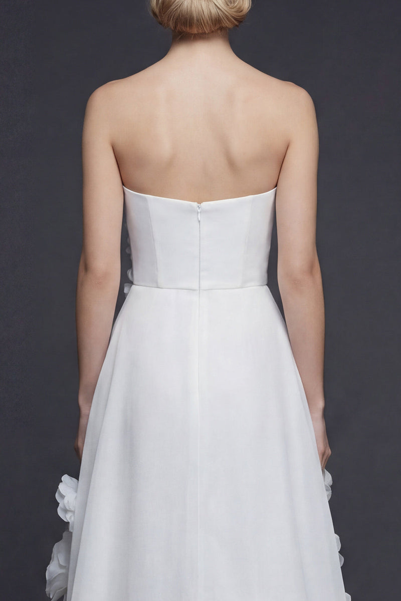 Load image into Gallery viewer, White Strapless High-Low A Line Boho Wedding Dress with 3D Flowers