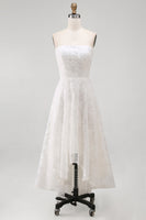 Load image into Gallery viewer, White A Line Strapless Floral High-Low Boho Wedding Dress