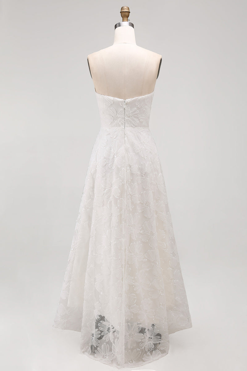 Load image into Gallery viewer, White A Line Strapless Floral High-Low Boho Wedding Dress