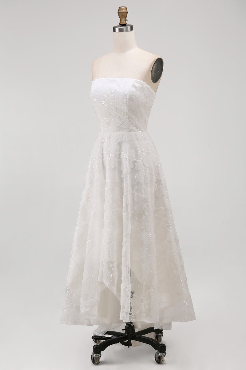 Load image into Gallery viewer, White A Line Strapless Floral High-Low Boho Wedding Dress