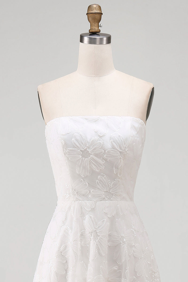 Load image into Gallery viewer, White A Line Strapless Floral High-Low Boho Wedding Dress