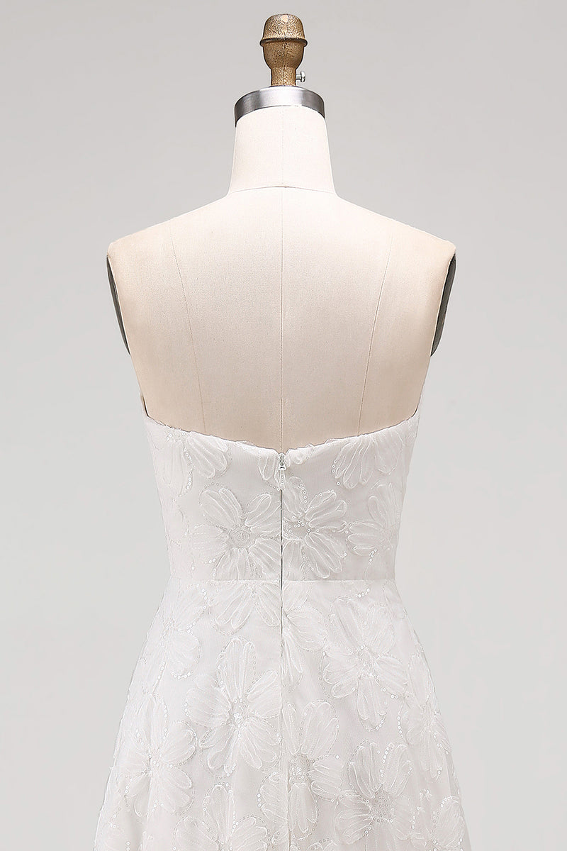 Load image into Gallery viewer, White A Line Strapless Floral High-Low Boho Wedding Dress