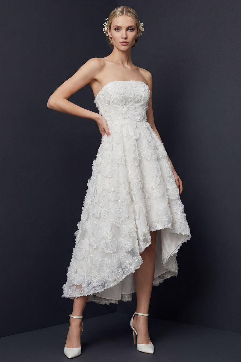 Load image into Gallery viewer, White A Line Strapless Floral High-Low Boho Wedding Dress