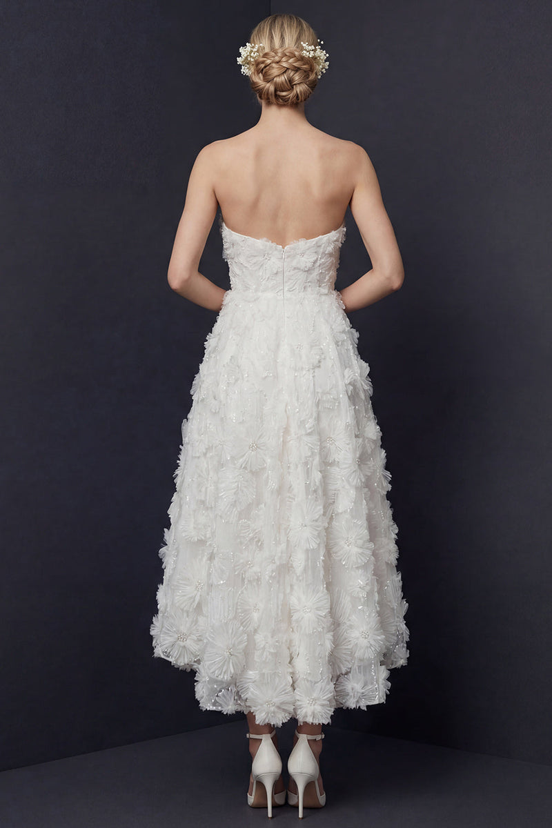 Load image into Gallery viewer, White A Line Strapless Floral High-Low Boho Wedding Dress