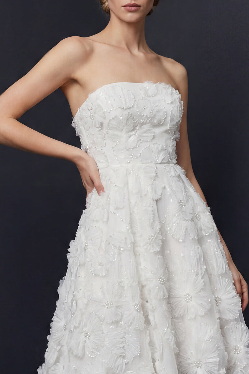 Load image into Gallery viewer, White A Line Strapless Floral High-Low Boho Wedding Dress