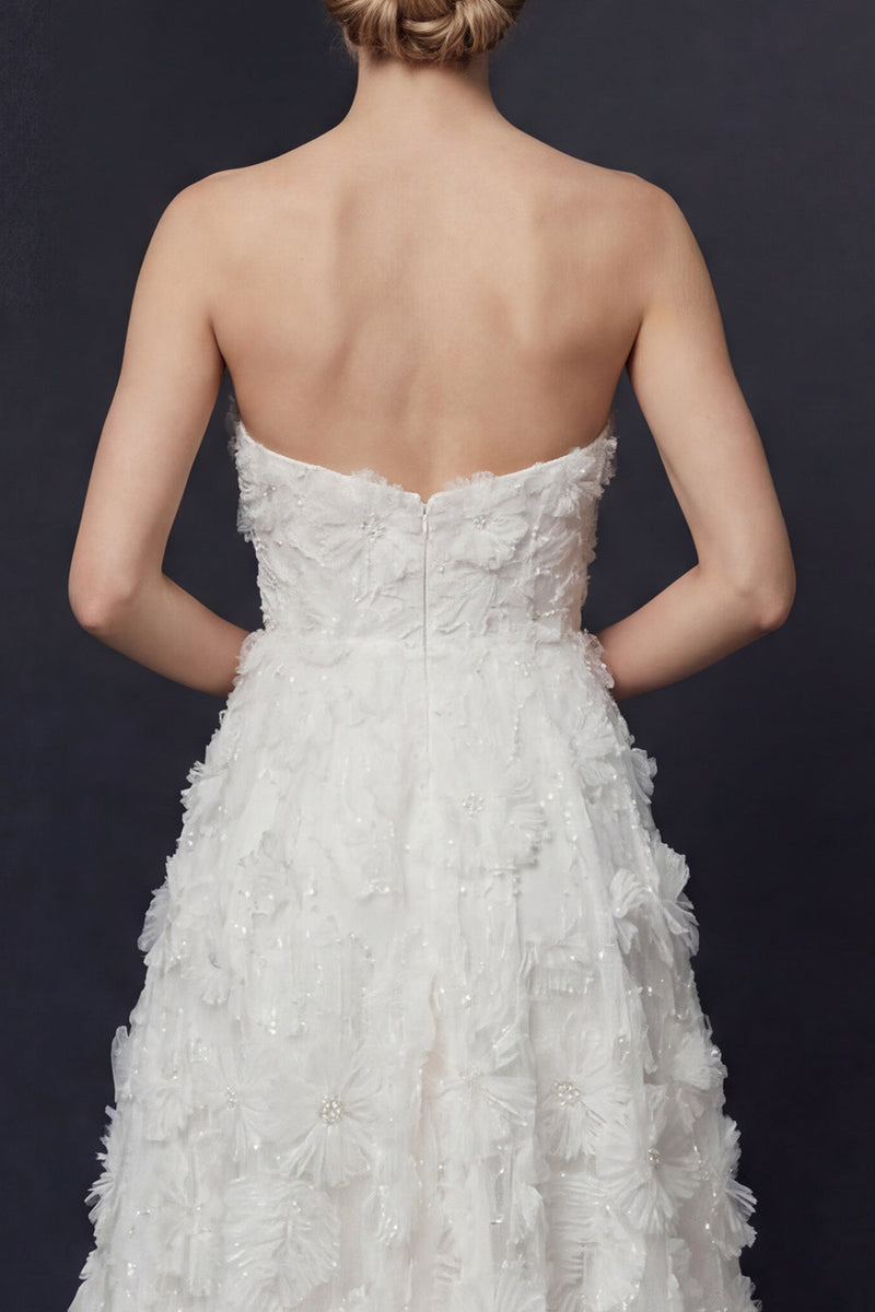Load image into Gallery viewer, White A Line Strapless Floral High-Low Boho Wedding Dress