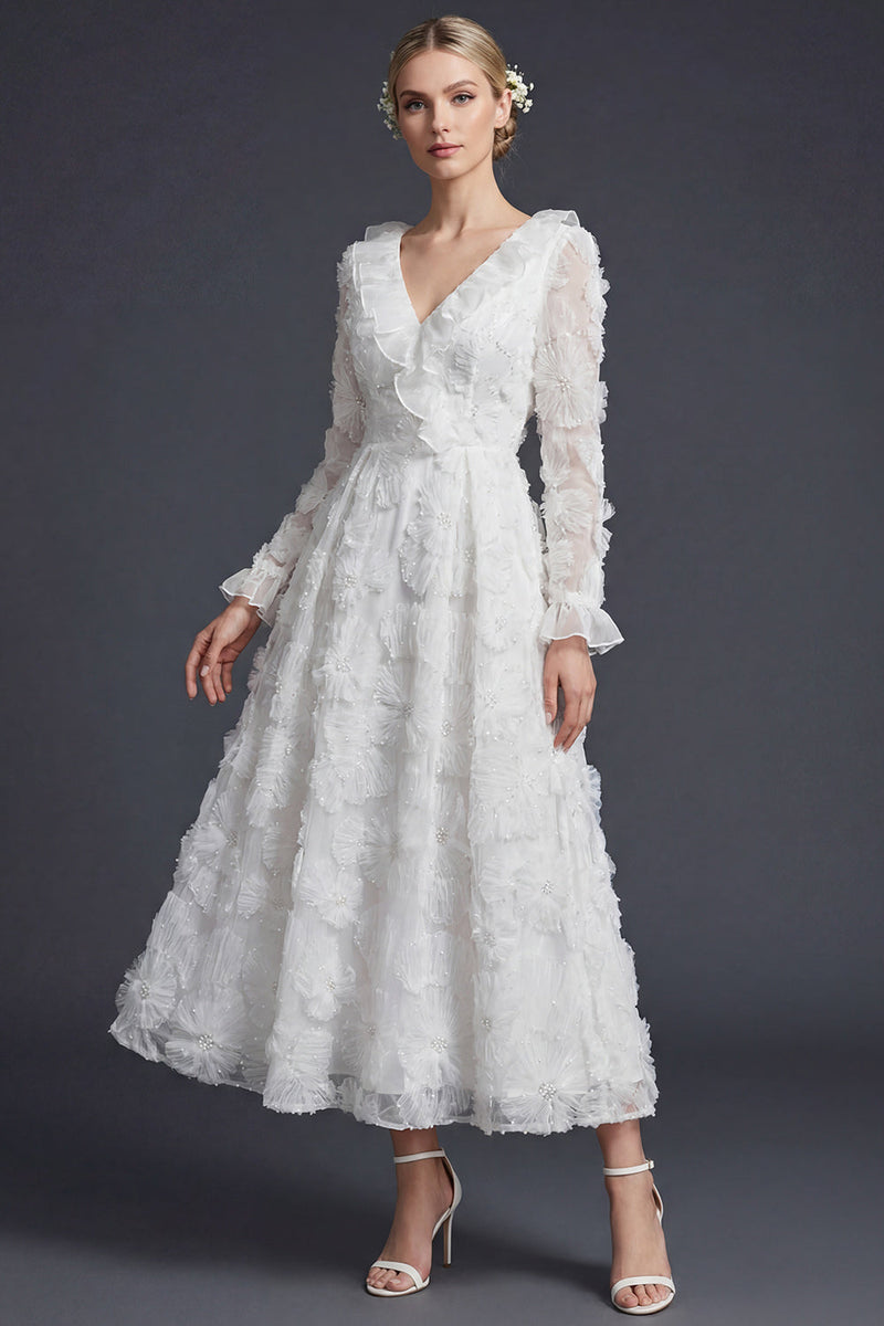 Load image into Gallery viewer, Sparkly White Ruffled Beaded Floral Boho Maxi Appliqued Wedding Dress