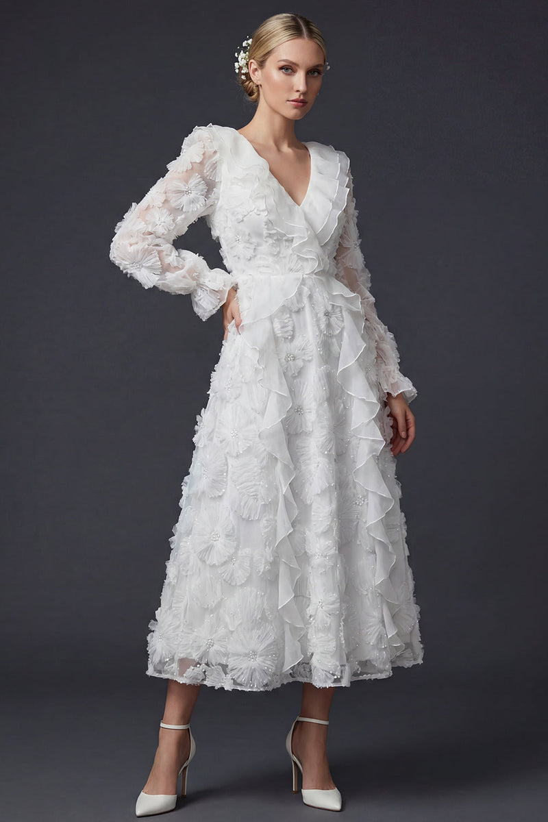 Load image into Gallery viewer, Sparkly White Beaded Ruffled Boho Maxi Floral Wedding Dress with Sleeves