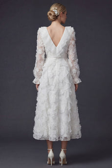 Sparkly White Beaded Ruffled Boho Maxi Floral Wedding Dress with Sleeves