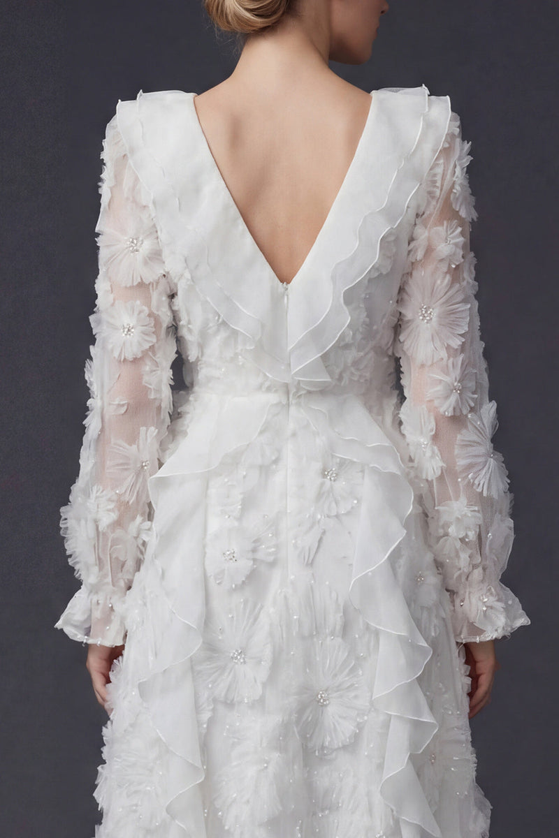 Load image into Gallery viewer, Sparkly White Beaded Ruffled Boho Maxi Floral Wedding Dress with Sleeves