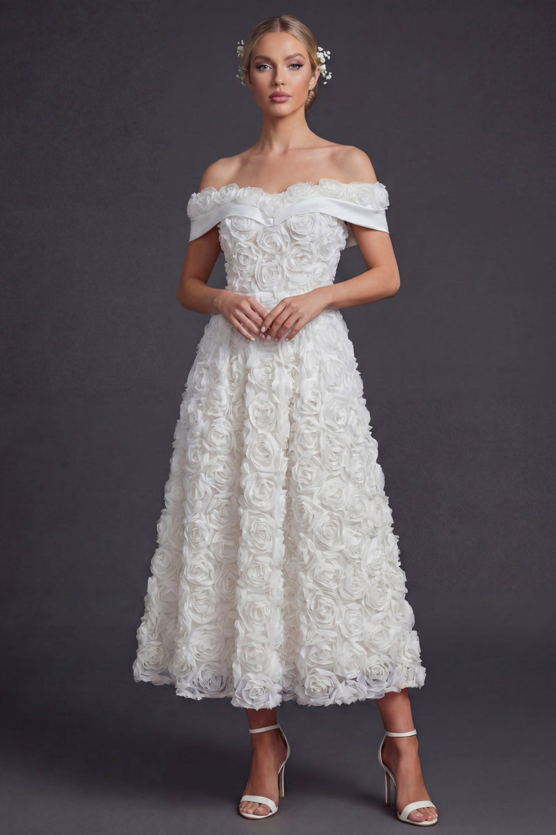 Load image into Gallery viewer, Off the Shoulder White A Line Maxi Boho Wedding Dress with 3D Flowers