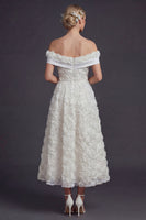 Load image into Gallery viewer, Off the Shoulder White A Line Maxi Boho Wedding Dress with 3D Flowers