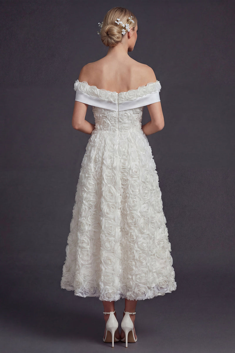 Load image into Gallery viewer, Off the Shoulder White A Line Maxi Boho Wedding Dress with 3D Flowers