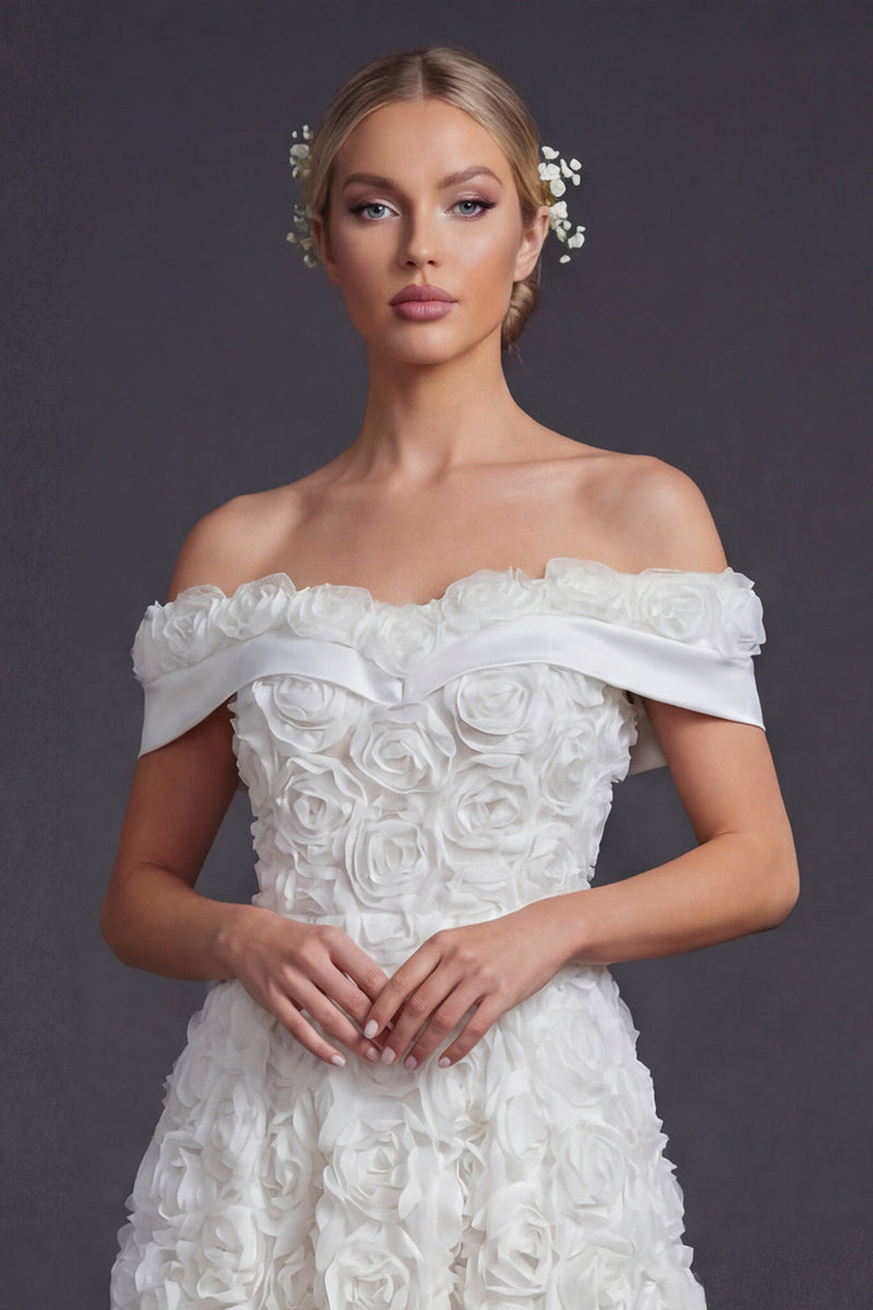 Load image into Gallery viewer, Off the Shoulder White A Line Maxi Boho Wedding Dress with 3D Flowers