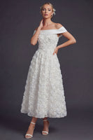 Load image into Gallery viewer, White Off the Shouler A Line Maxi Boho Wedding Dress with 3D Flowers