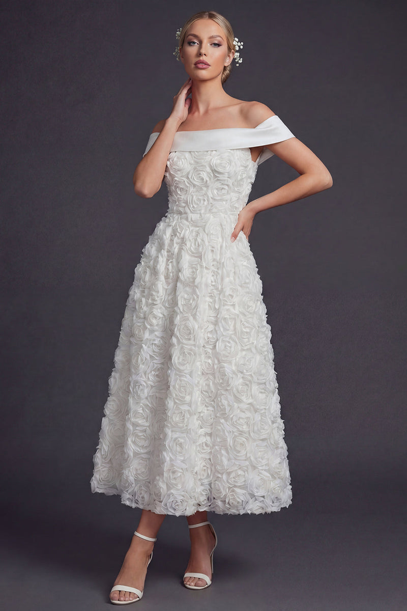 Load image into Gallery viewer, White Off the Shouler A Line Maxi Boho Wedding Dress with 3D Flowers