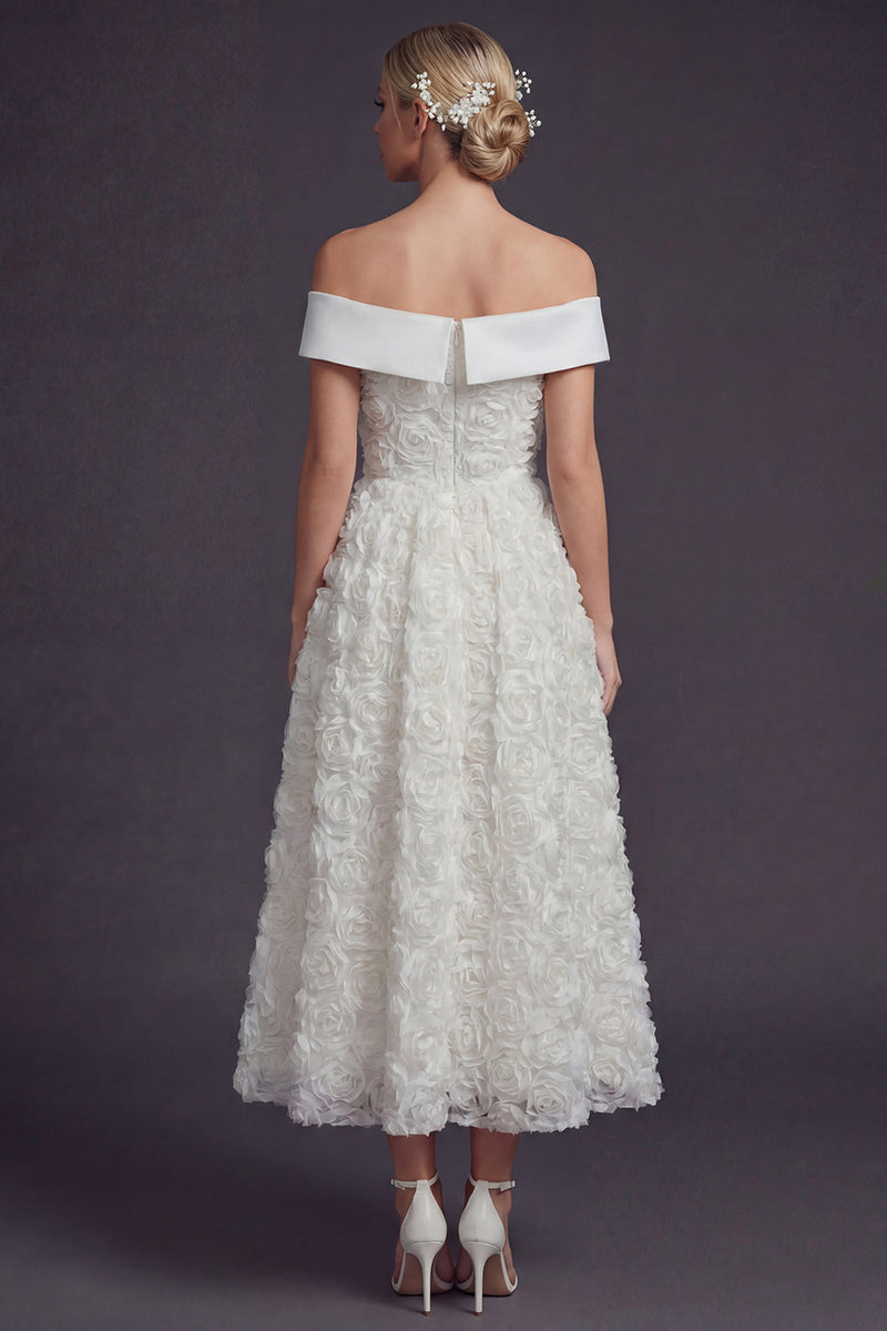 Load image into Gallery viewer, White Off the Shouler A Line Maxi Boho Wedding Dress with 3D Flowers