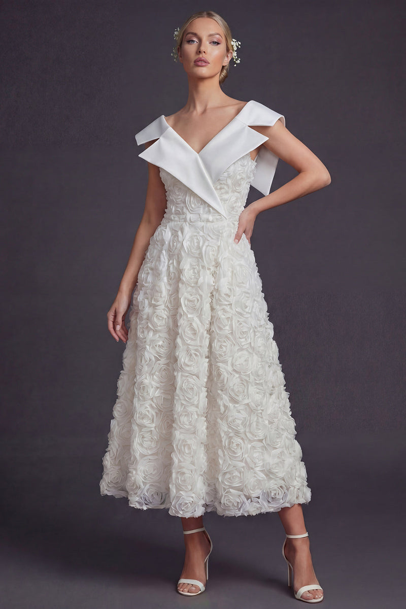 Load image into Gallery viewer, White V-Neck Maxi Boho A Line Wedding Dress with 3D Flowers