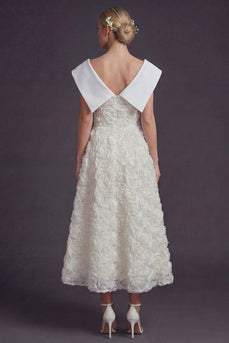 White V-Neck Maxi Boho A Line Wedding Dress with 3D Flowers