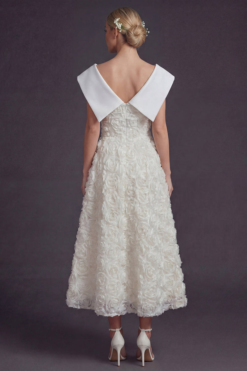 Load image into Gallery viewer, White V-Neck Maxi Boho A Line Wedding Dress with 3D Flowers